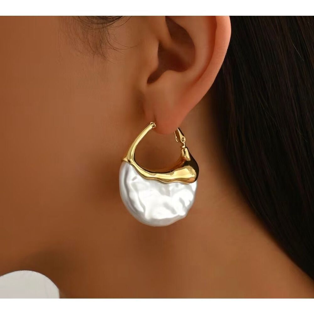 Anthropologie Gold Tone Pearlescent Hoop Earrings Statement Bridal Jewelry NWOT